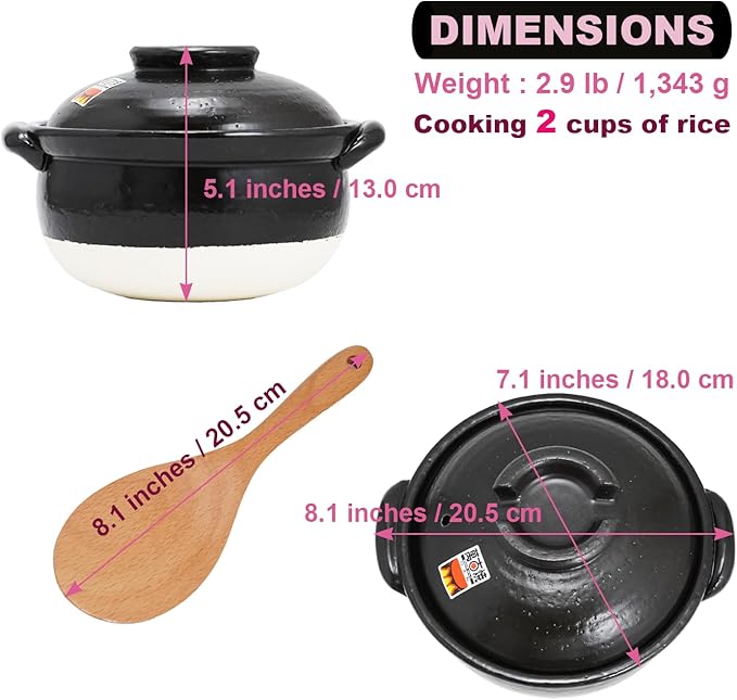Banko-Yaki Fluffy Rice Pot Earthenware Rice Cooker with inner lid Measuring Cup and Paddle Traditional Japanese Donabe for Evenly Cooked Rice Mixed Rice and Porridge (2-Gou/Serves 2 to 3 people)