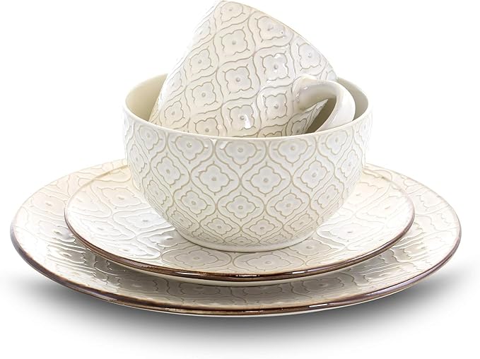16 Piece Stoneware Dinnerware Set – Off-White Ogee Pattern Microwave &amp Dishwasher Safe Plates Bowls and Mugs