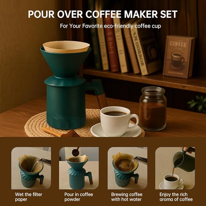 Pour Over Coffee Maker Set Ceramic Pour Over Coffee Dripper 15.5oz/450 ml with 25 Pcs V60 Paper Filter Coffee Pour Over Set for Camping Green