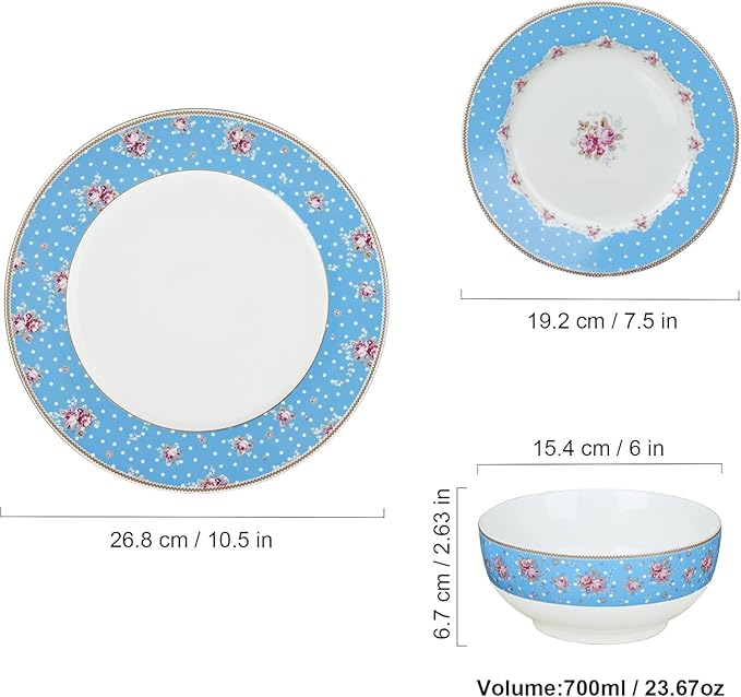 fanquare 12 Piece Dinnerware Set Service for 4 Blue Porcelain Plates Bowls Floral Kitchen Dishes Set White Dot