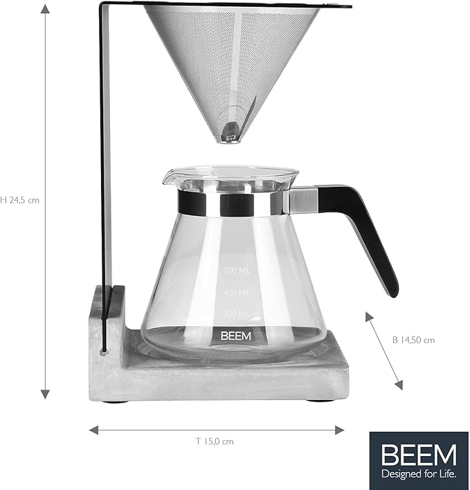BEEM - Pour Over Coffee Maker 4 Piece Coffee Dripper Machine with Glass Jug Serves up to 4 Cups (0.5L)