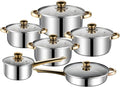 12 Piece Stainless Steel Cookware Set Kitchen Removable Handle Pots and Pans Set Frying Pans Saucepans with Lid Golden Handles for All Stoves (12 pcs)
