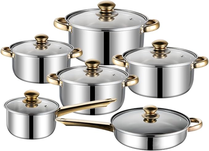 12 Piece Stainless Steel Cookware Set Kitchen Removable Handle Pots and Pans Set Frying Pans Saucepans with Lid Golden Handles for All Stoves (12 pcs)