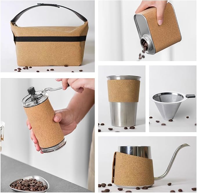 Pour Over Coffee Maker Set for Outdoor Camping Travel ALL in 1 Portable Stainless Steel Coffee Kits with Manual Coffee Grinder Gooseneck Kettle Cup Bean Pot