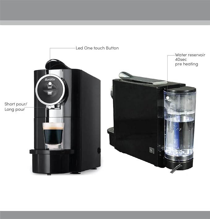 Barsetto One-Touch Espresso Maker with 19 Bar High-Pressure Pump Fast Pre-Heating Short or Long Shots Compatible with Standard Espresso Coffee Pods Black and Silver Automatic Coffee Machine