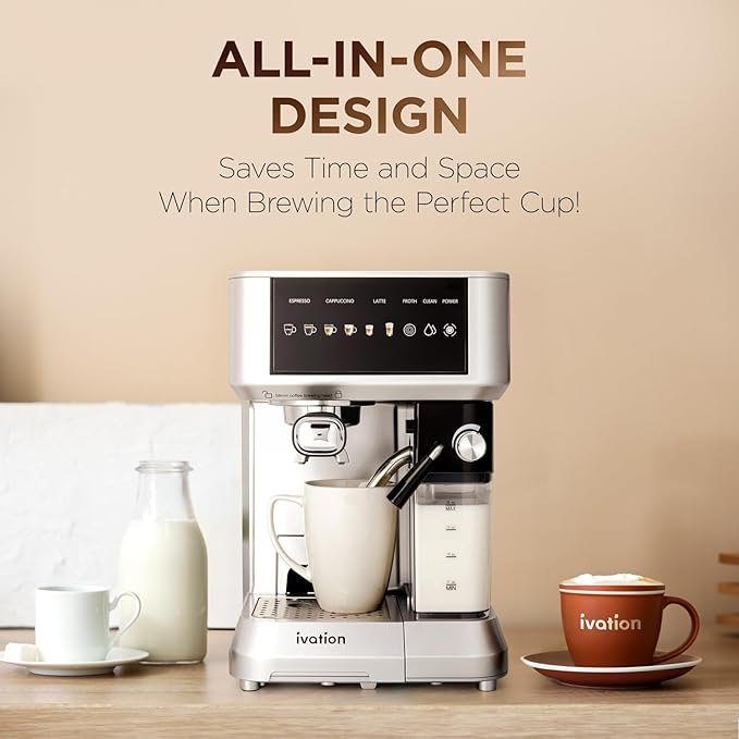 Ivation Espresso &amp Cappuccino Maker w/Milk Frother | 58mm | Coffee Machine for Home | Single &amp Double Shots | Espresso Cappuccino Latte &amp Froth | Auto-Clean &amp Descale - Detachable M