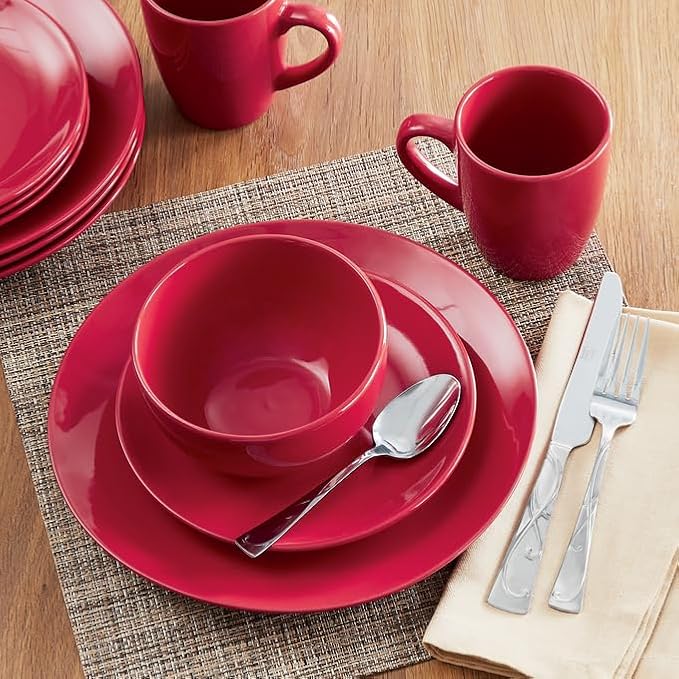 Montgomery Ward 16-Piece Round Dinnerware Set - Kitchen Essentials Plates Bowls Mugs Dishwasher and Microwave Safe Red