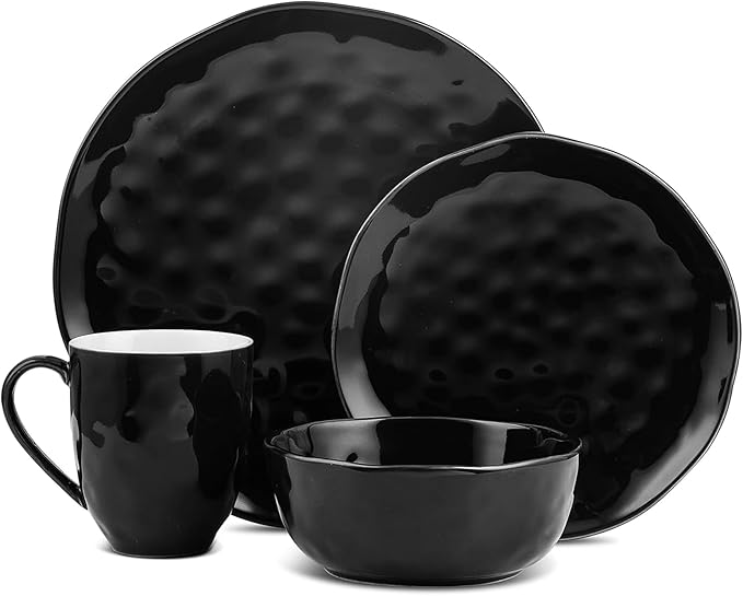 Stone Lain Ivy Stoneware 24 Piece Dinnerware Set Home Kitchen Dish Set with Dinner Plates Salad Plates Bowls &amp Mugs - Service for 6 Black