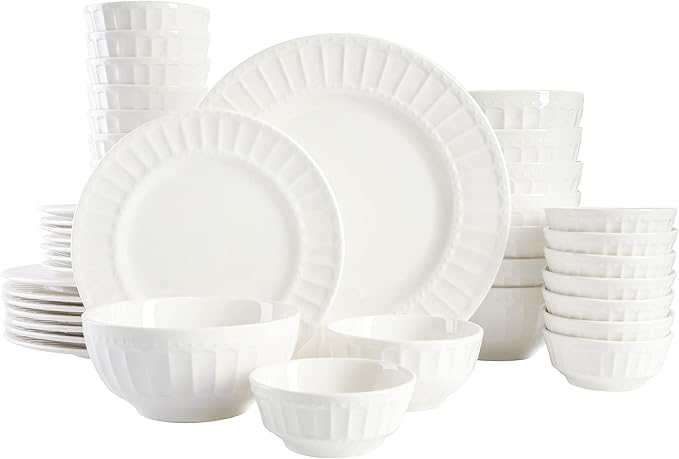 Gibson Home Zen Buffet Porcelain Ceramic Dinnerware Sets for 8 Plates and Bowls Set (40pcs) White Embossed Dishes