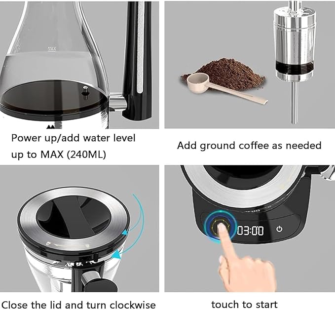 750W Syphon Vacuum Coffee Maker 240ml Glass Syphon Coffee Pot 3 Speed Adjustable Anti-dry Burn Protection Split Design Smart Touch Withstands Temperatures Up To 210°C for At Home Coffee Shops