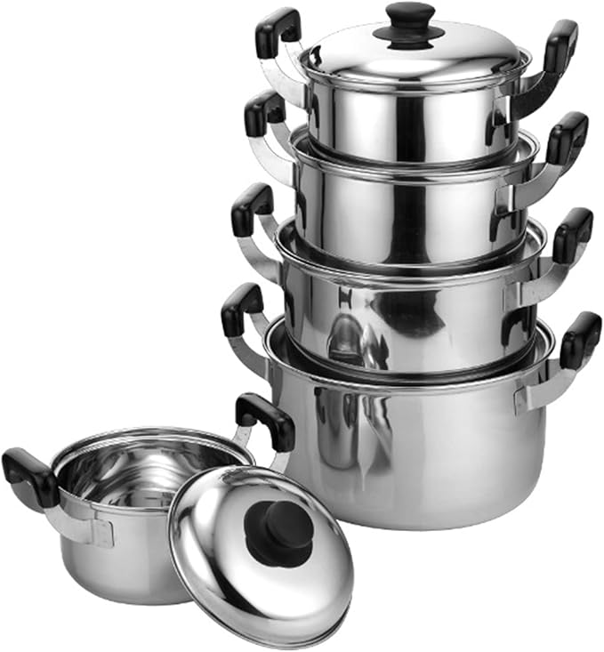 Cooking Pot Saucepan Set 5 Pieces 201 Stainless Steel Pot and Pan Set Induction with Lids Stock Pot Cookware Set Compatible with InductionGas and Electric Hobs Silve