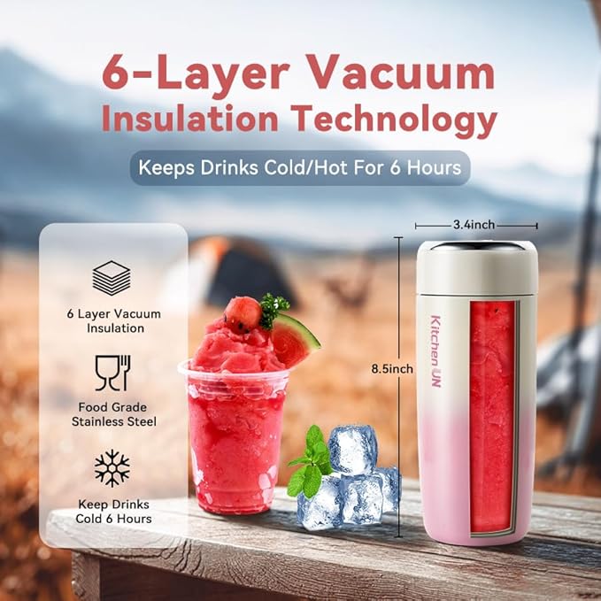 Portable Stainless Steel Blender Cup with 6H Insulated 16oz Design USB-C Rechargeable Personal Fruit Mixer Crushes Small Ice Cubes for Fresh Drinks Travel/Office/Gym – Pink