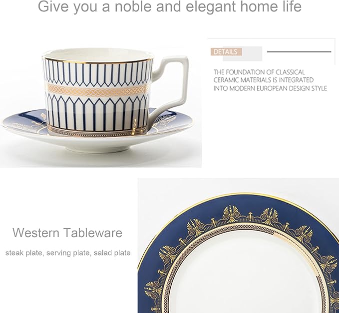 European Style Dinnerware Set Service for 1/4/6/8 Bone China Dinnerware Sets Unbreakable Porcelain Dinner Sets Coffee Cup and Saucer Tableware Set Steak Dinner P