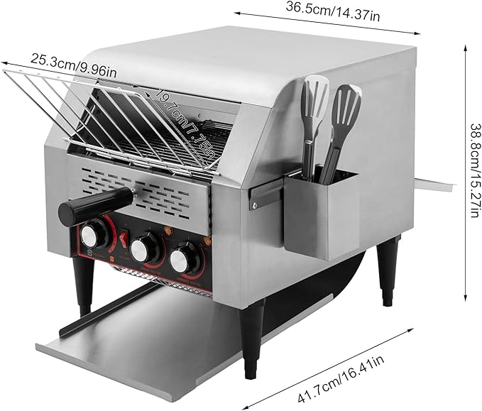 1900W Commercial Conveyor Toaster Stainless Steel Toaster with Upper and Lower Heating Tubes and Crumb Tray 300 Slices/H Heavy Duty Countertop Electric Toaster for Bun Bagel Bread Silver 110V
