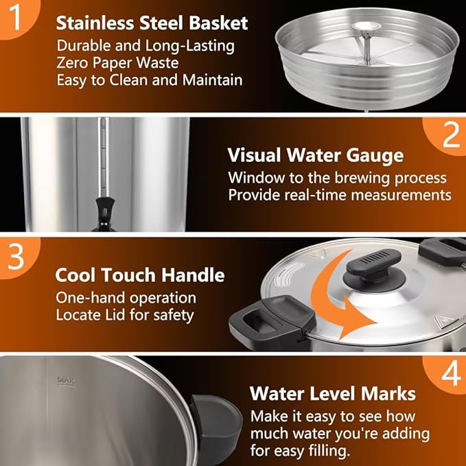 95 Cup 16L/4.23Gallon Commercial Coffee Urn Festa Essential 1500W Large Percolate Coffee Maker Hot Beverage dispenser With Double Dripless FaucetQuick-Brewing Hot Water Urn for CateringHomeEvents