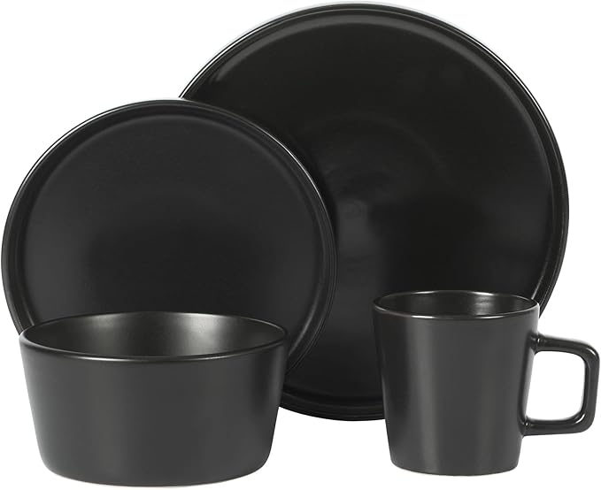 Soho Lounge 32-Piece Stoneware Dinnerware Set Black Solid Casual Round 32 Piece Dishwasher Safe