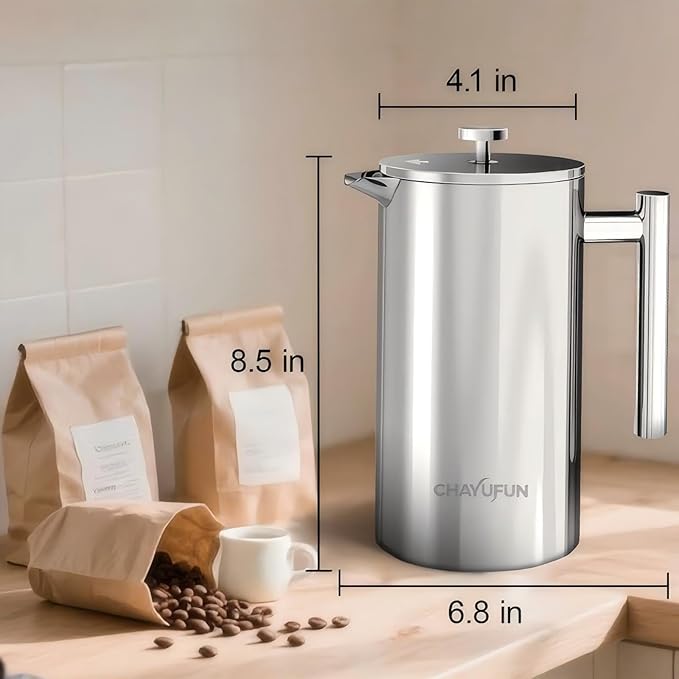 Premium Stainless Steel French Press Coffee Maker (5 Pack Filter)- 34oz/1L Thermal Insulated 304 Rust-Proof Metal Press - Heat-Resistant Ergonomic Handle BPA Free(Dishwasher Safe)