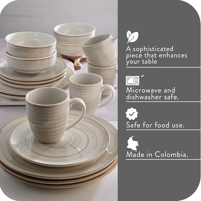 Corona 16-piece Rustic Aestethic Hand-Painted Versatile Ceramic Dinnerware Sets | Plates Bowls and Mugs | Service For 4 | Gray Caoba