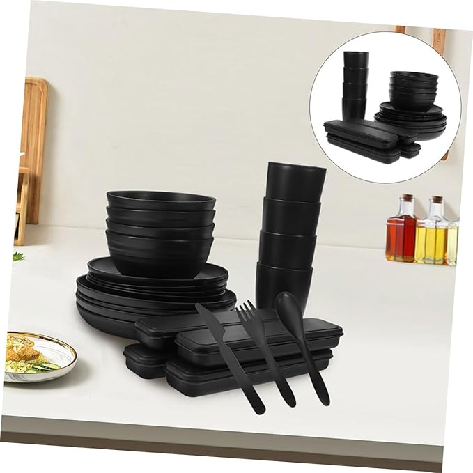 20pcs Black Dinnerware Set for 4 People with Cutlery Bowls Plates and Cups – Reusable Portable Utensils for Picnic and Camping Lunch Boxes