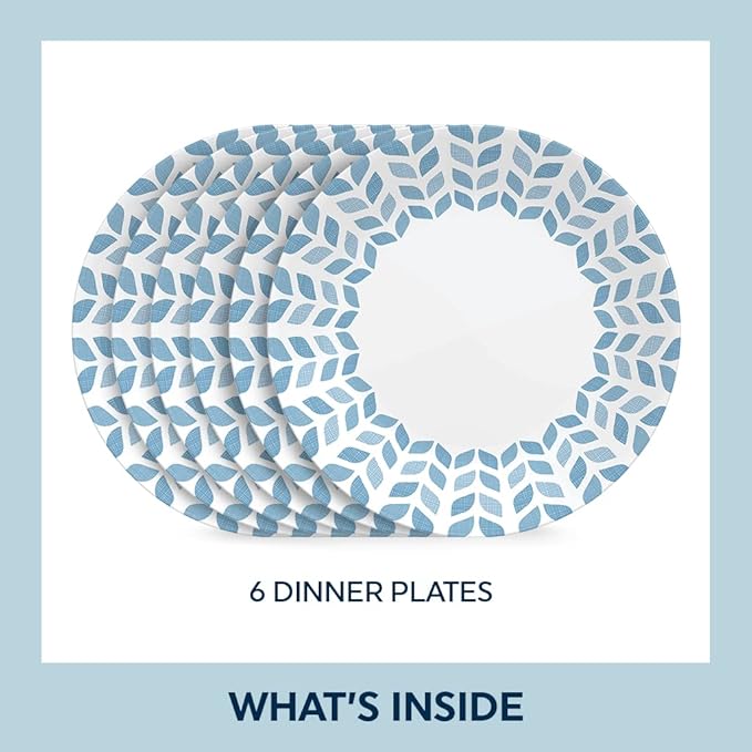Corelle Global Collection Vitrelle 6-Piece Dinner Plate Set Triple Layer Recycled Glass Lightweight Eco-Friendly Round 10-1/4-Inch Plates Set Northern Pines