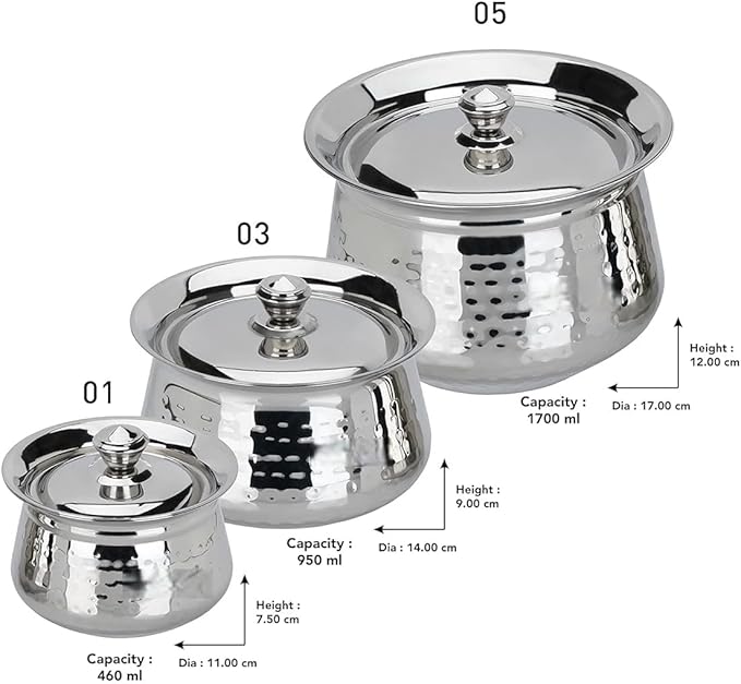 Stainless Steel Hammered Handdi Set with Lid Silver 3 Piece Set 460ml 950ml &amp 1700ml Handcrafted Kitchen Cookware