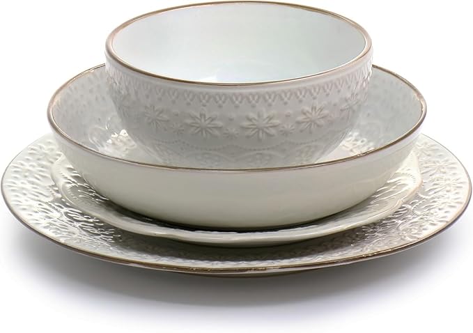 16 Piece Ivory Stoneware Dinnerware Set – Embossed Plates with Scalloped Edges and Double Bowl Design Microwave &amp Dishwasher Safe Elegant Tableware Set for 4