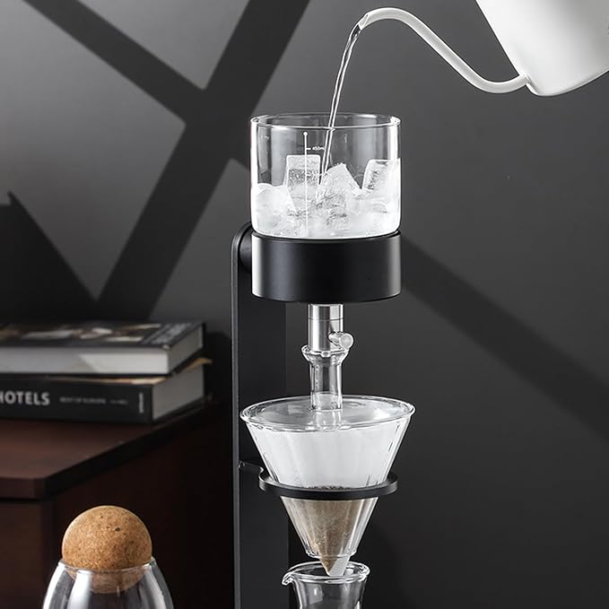 Ice Drip Coffee Maker Cold Brew Coffee Pitcher 500ml Cold Brew Drip Tower with Stainless Steel Adjustable Valve Borosilicate Glass Pot for Home Office Makes 2-3 Cups