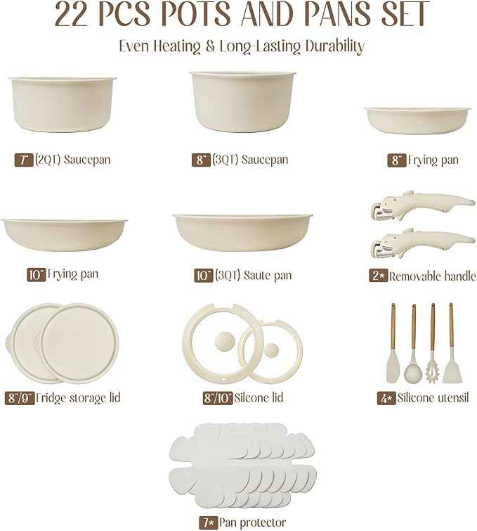 22PCS Non Stick Pots and Pans Set - Healthy Nonstick Cookware Set Detachable Handle Induction Kitchen Cooking Sets Dishwasher/Fridge/Oven Safe Space Saving Beige
