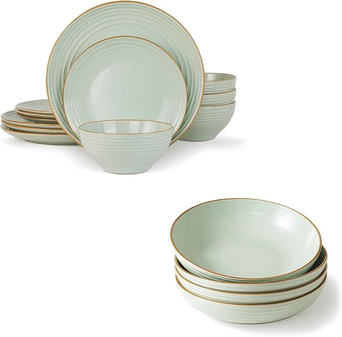 Famiware Jupiter Plates and Bowls Set for 4 16 Pieces Dinnerware Sets 8.5 Pasta Bowls for Serving Light Green
