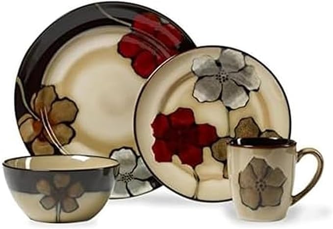 Pfaltzgraff Painted Poppies 16-Piece Dinnerware Set Service for 4 Colorful Floral Stoneware Plates Bowls and Mugs Microwave and Dishwasher Safe