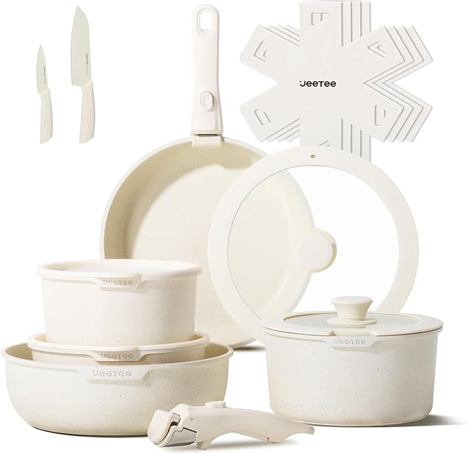 JEETEE Pots and Pans Set Non Stick 17pcs Kitchen Cookware Sets with Detachable Handle Induction Nonstick Cookware Set with Removable Handle Stackable RV Cookware Oven Safe PFAS/PFOA Free Beige
