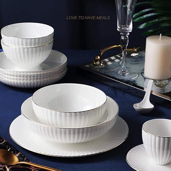 Dining Plate Set Dinnerware Set Gold-Plated 62-Piece Place Setting Kitchen Dish Set Includes Dinner Plates/Salad Bowl/Spoon Luxury Bone China Tableware