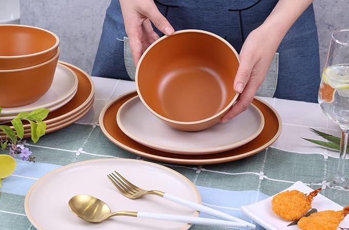 Melamine Dinnerware Sets 12pcs Plates and Bowls for 4 Unbreakable Dinnerware Sets Ideal Dinnerware for Party Unbreakable BAP free Dishwasher Safe Red Color (Terracotta Color)