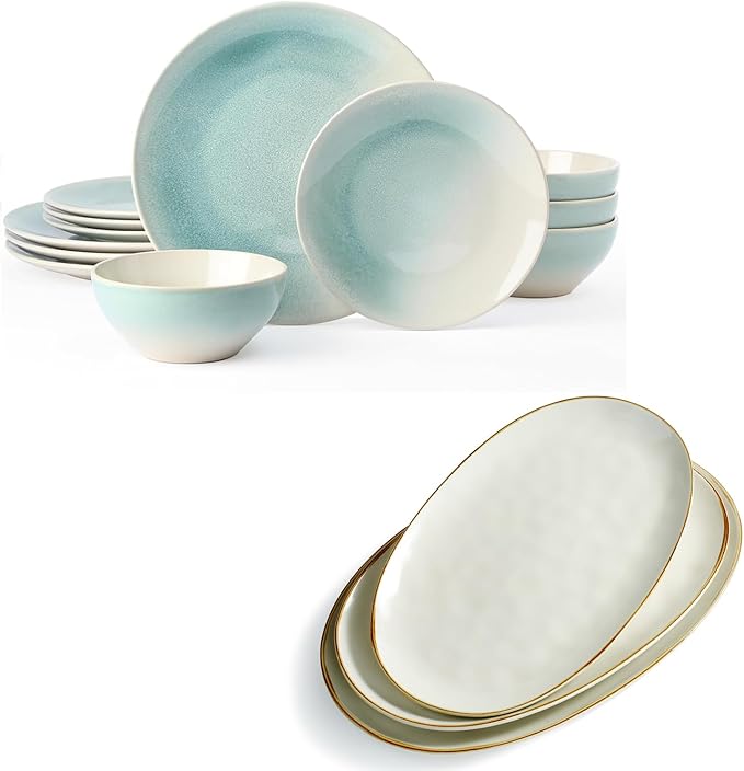 Famiware Glacier Plates and Bowls Sets + 3 Pcs Ocean Oval Serving Platter 15-Piece Dinnerware Sets for 4
