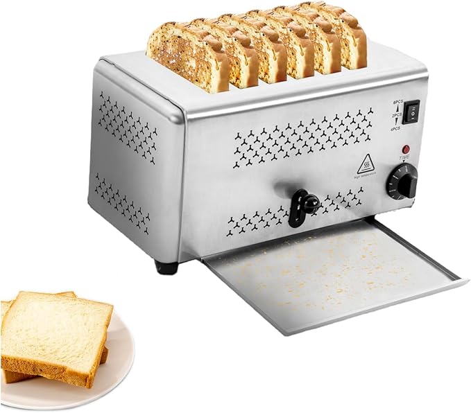 Toaster 6 Slice 1650W Stainless Steel Toaster with Removable Tray and 1-5 Min Timer 3 Baking Modes Bread Baking Machine for Home Restaurant Bakery Silver 110V Easy to Clean