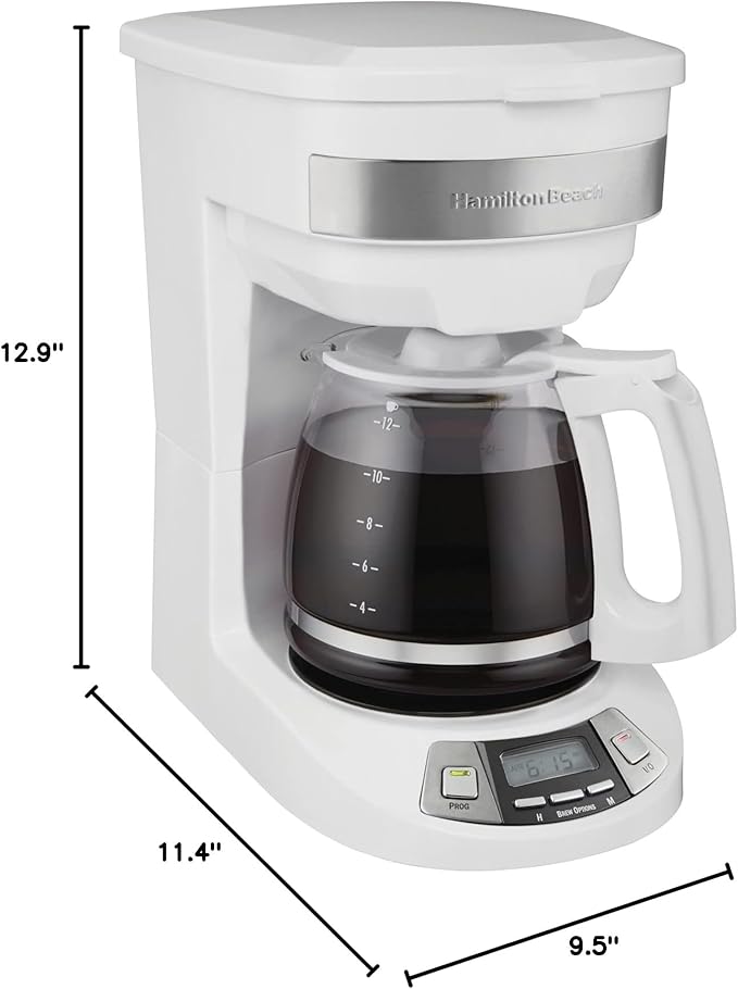 Hamilton Beach 12 Cup Programmable Drip Coffee Maker Machine Regular &amp Bold Brew Options Auto Pause and Pour Glass Carafe White (46294J)