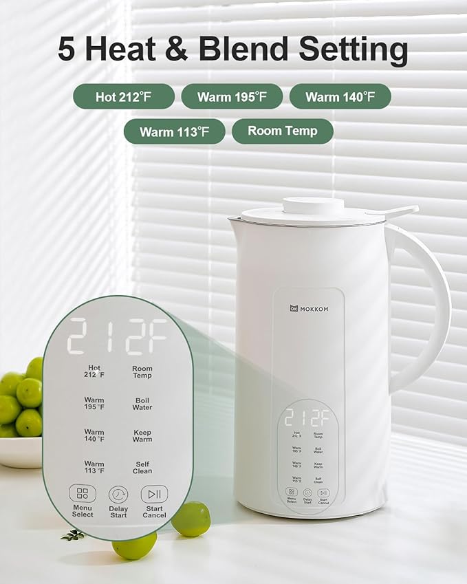 MOKKOM Nut Milk Maker 42oz Automatic Almond Milk Machine for Homemade Plant-Based Milk Oats Soy Dairy Free Beverages Soy Milk Maker with Delay Start/Keep Warm/Self-Cleaning/Boiling White