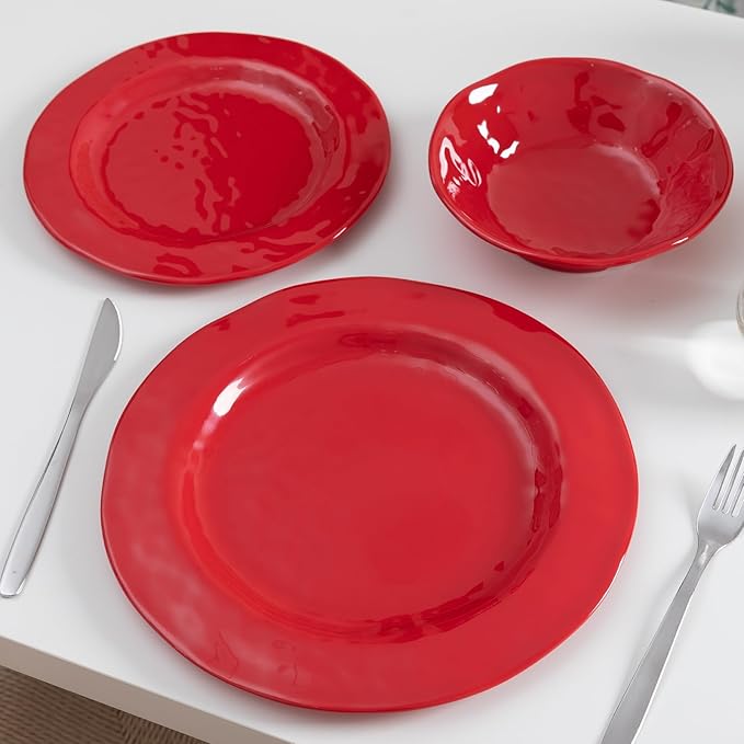 LEHAHA Red Melamine Dinnerware Sets 18-Piece Melamine Dishes Set Lightweight and Chip Resistant Durable Plates and Bowls Set Safe for Daily Use Dishwasher Safe Service for 6