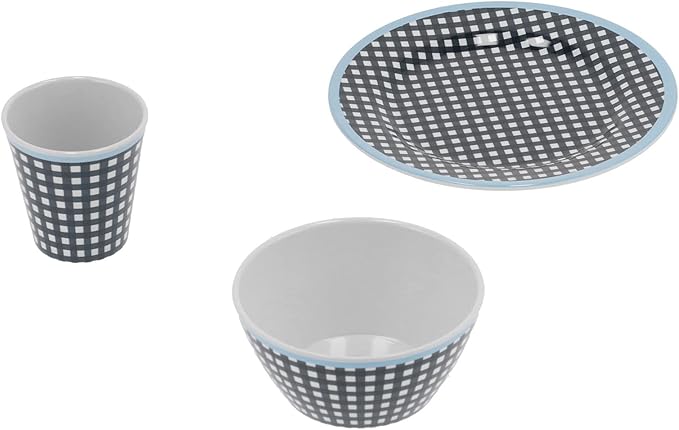 Dark Blue Grid Pattern Melamine Tableware Set Dinnerware Cutlery Salad Plate Bowl Cup Kit for Home Restaurant Scald Proof Tableware with 500ml Bowl 260ml Cup