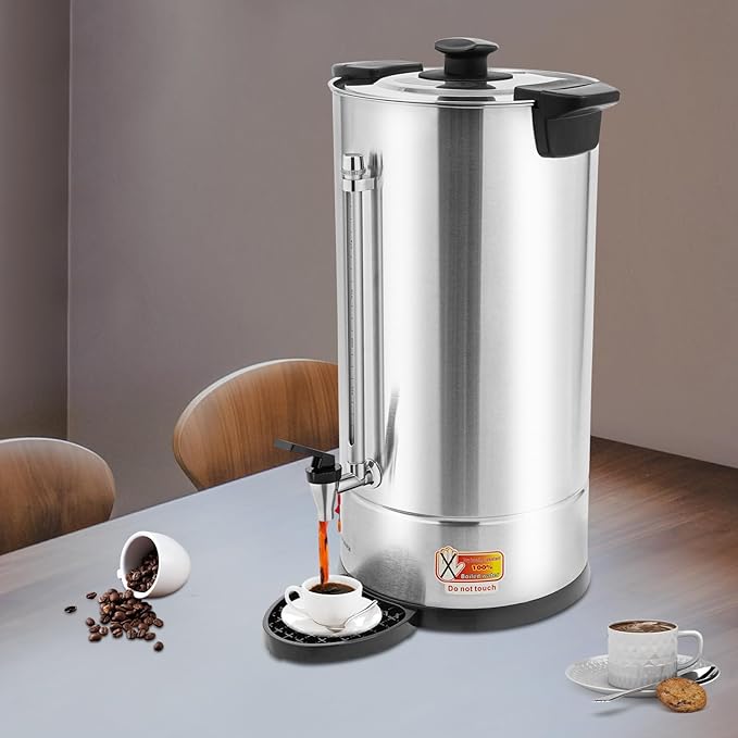 Commercial Electric Coffee Pot 25L/6.6Gal Coffee Percolator with Filter and Water Collecting Tray Quick Brew Hot Beverage Dispenser Coffee Maker Hot Water Urn 1500W 110V-120V (Silver)