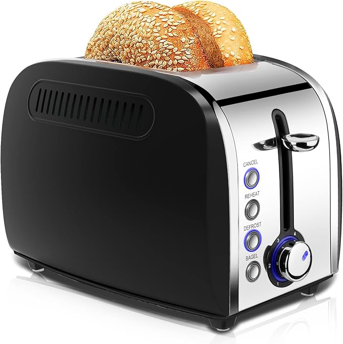 Toaster 2 Slices Stainless Steel JEWJIO Retro Toaster with 1.5 Extra Wide Slot for 6 Bread Shades Setting/Bagel/Defrost/Reheat/Cancel Function/Removable Crumb Tray 800W Matte Black