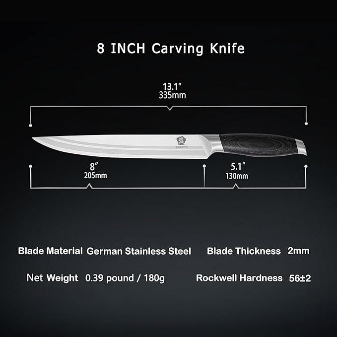 WILDMOK Carving Knife 8 Inch Profession Meat Cutting Knife German Stainless Steel BBQ Knife with Ergonomic Handle Gifts Packed