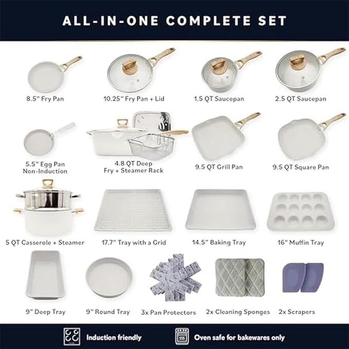 23 Piece Granite Cookware Set Non Stick Induction Oven Safe Pots Pans Bakeware Scraper Sponge Protectors Eco Friendly Heavy DutyA23 Pc