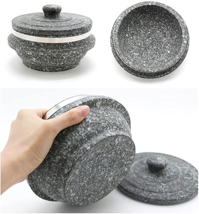 Korea Style Non-stic Traditional Stone Rice Cooker with wood stand Cauldron Multi Cooker-Bibimbab Nurungji for 1–2 people 6.2×3.3 inch