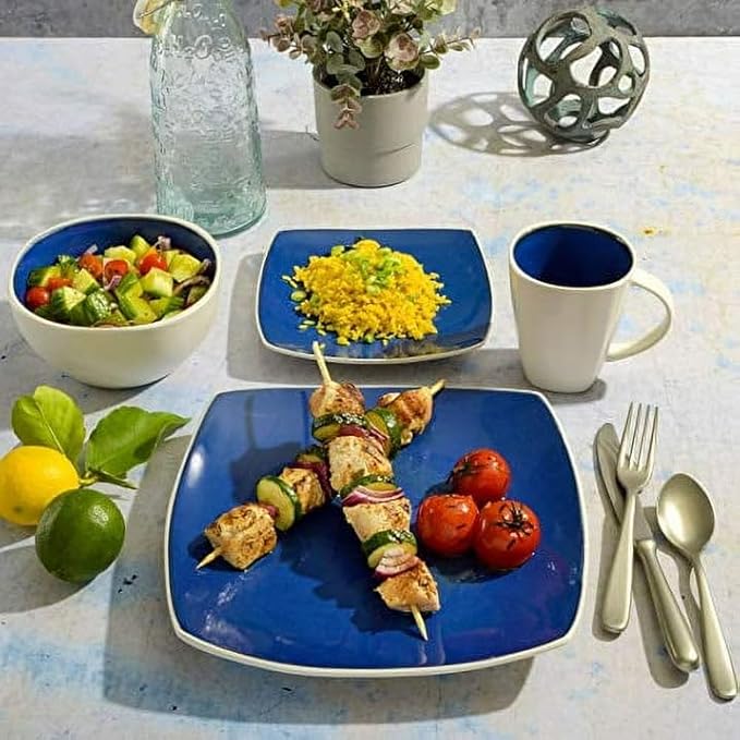 Modern Matte Glaze Square Dinnerware Set - 16 Piece Stoneware Service for 4 Dishwasher &amp Microwave Safe Teal Finish (Cobalt Blue)