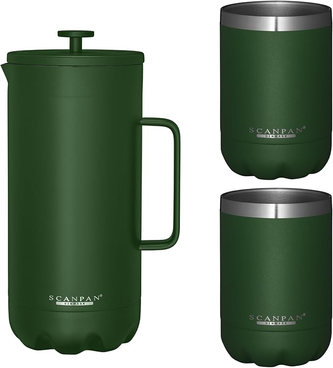 Scanpan TO GO French Press Coffee Maker 1.0L (Forest Green) + 2 Vacuum Cups 350 mL (Forest Green) - 18/8 Food Grade Stainless Steel - Scratch-Free Coating - Dishwasher Safe