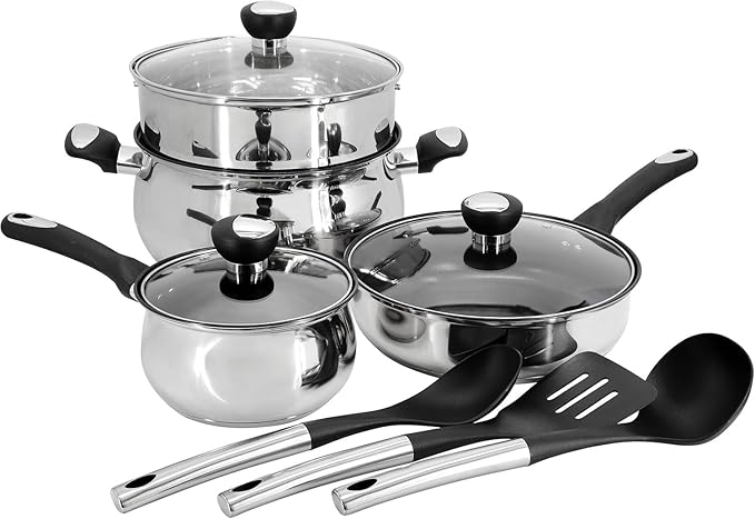 10 Piece Stainless Steel Belly-Shaped Cookware and Nonstick Utensil Set Dishwasher Safe Pots and Pans with Saute Pan Dutch Oven Saucepan and Kitchen Tools