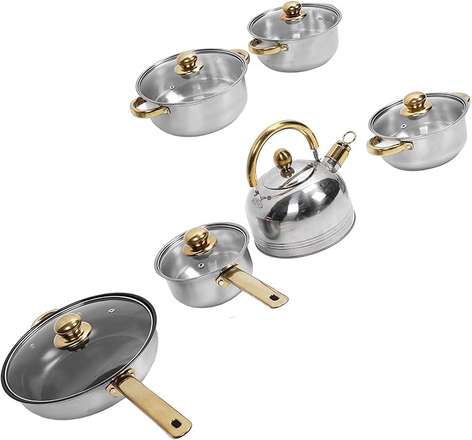 Stainless Steel Cookware Set Premium sturdy Pan Pot Kitchen Restaurant (Gold Handle with Kettle)