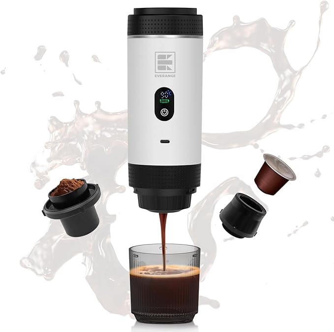 Portable Electric Espresso Machine Travel Coffee Maker Brewer Compatible with Ground Coffee &amp NS Capsules (White with LCD Screen)