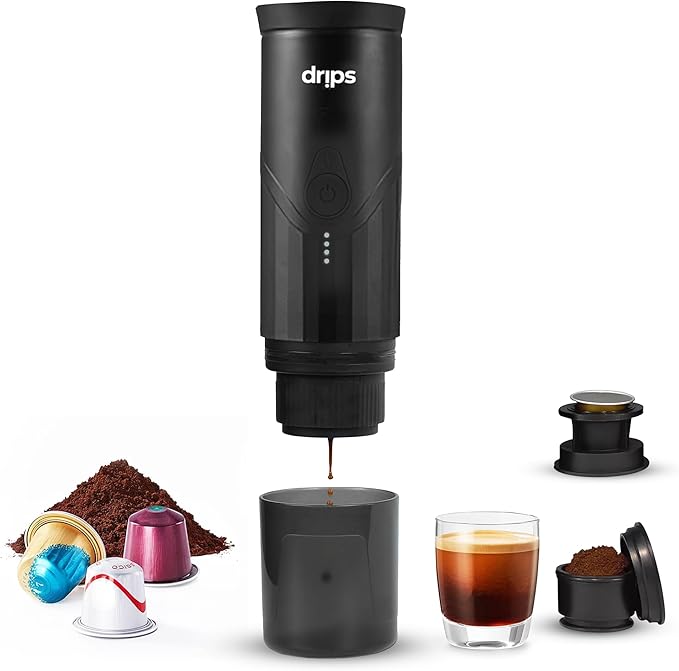 drips Portable Electric Espresso Machine with 3-4 Minute Self-Heating 20 Bar Mini Coffee Maker Compatible with NS Capsule &amp Ground Coffee for Camping Travel Hiking Office (Matte Black)
